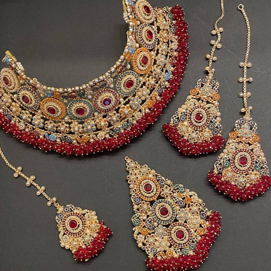 4 Piece Red Choker Necklace Bridal Kundan Set