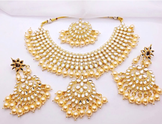 Asian Bridal 3 Piece Gold & Peach Kundan Necklace Jewellery Set