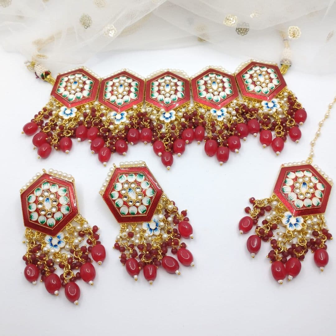 Asian Bridal 3 Piece Red & Gold Choker Necklace Jewellery Set