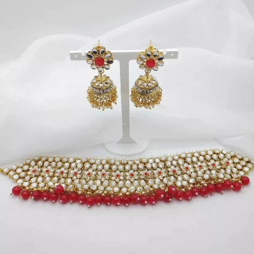 2 Piece Gold & Red Kundan Choker Necklace Jewellery Set