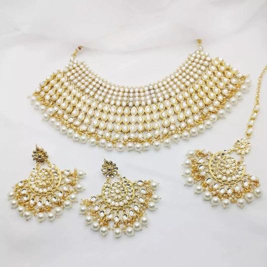 3 Piece Gold & White Kundan Choker Necklace Set