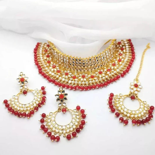 3 Piece Red & Gold Necklace Kundan Jewellery Set