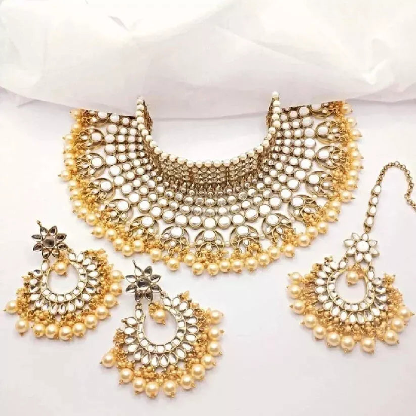 3 Piece Antique Gold & Peach Kundan Choker Necklace Jewellery Set