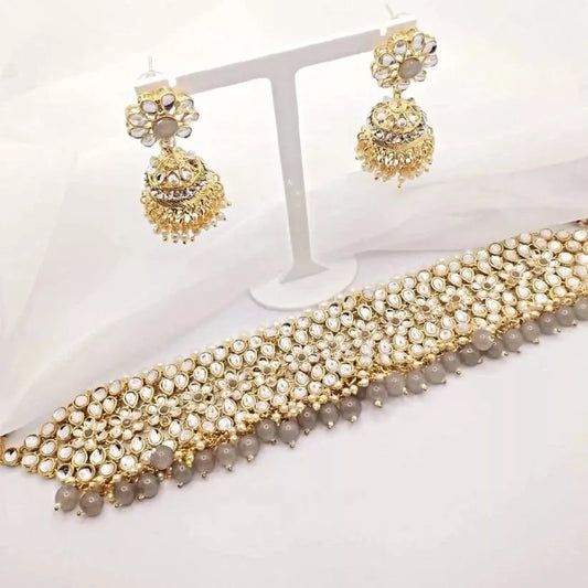 2 Piece Grey & Red Kundan Choker Necklace Jewellery Set