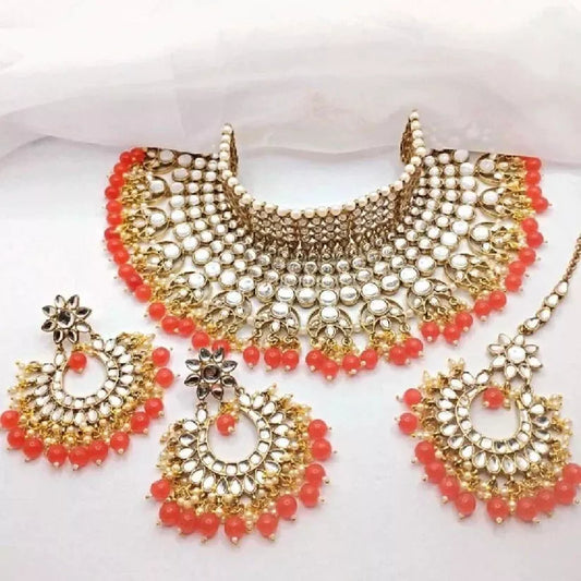 3 Piece Antique Gold & Red Kundan Choker Necklace Jewellery Set