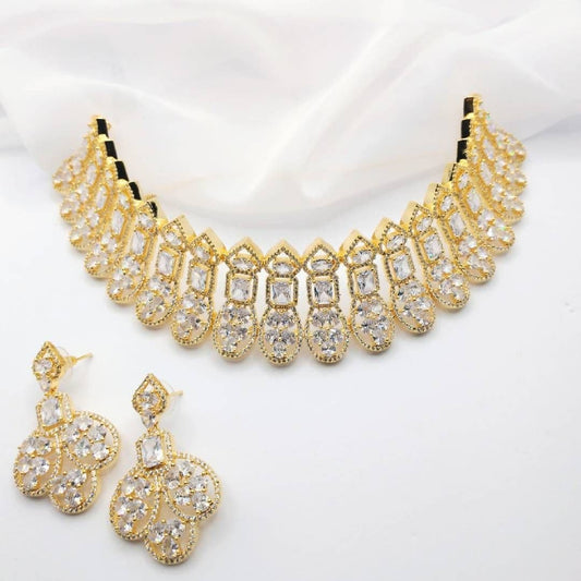 American Diamond 2 Piece Gold & Silver Choker Necklace Jewellery Set