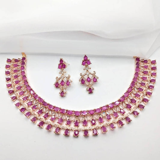 American Diamond 2 Piece Rose Gold & Ruby Red Mini Necklace Jewellery Set