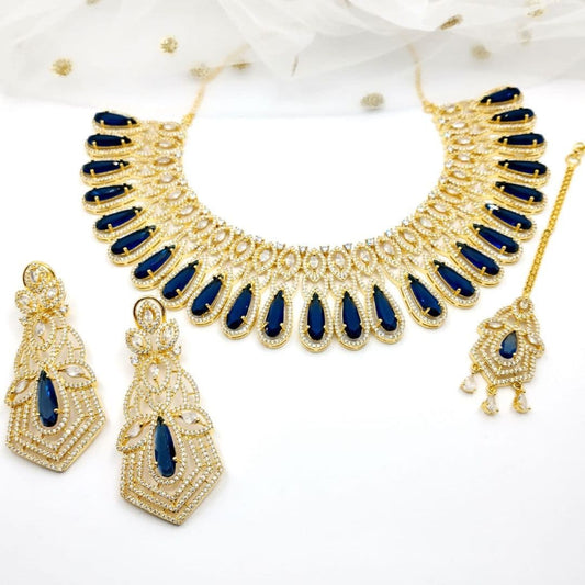 American Diamond 3 Piece Gold & Royal Blue Bridal Necklace Jewellery Set