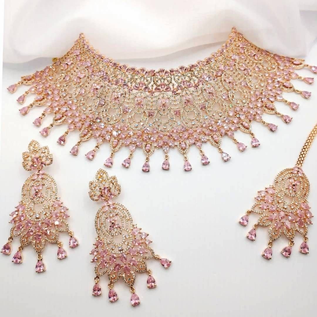 American Diamond 3 Piece Rose Gold & Pink Bridal Choker Necklace Jewellery Set