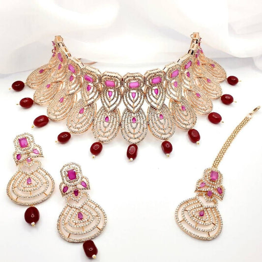 American Diamond 3 Piece Rose Gold & Ruby Red Bridal Choker Necklace Jewellery Set