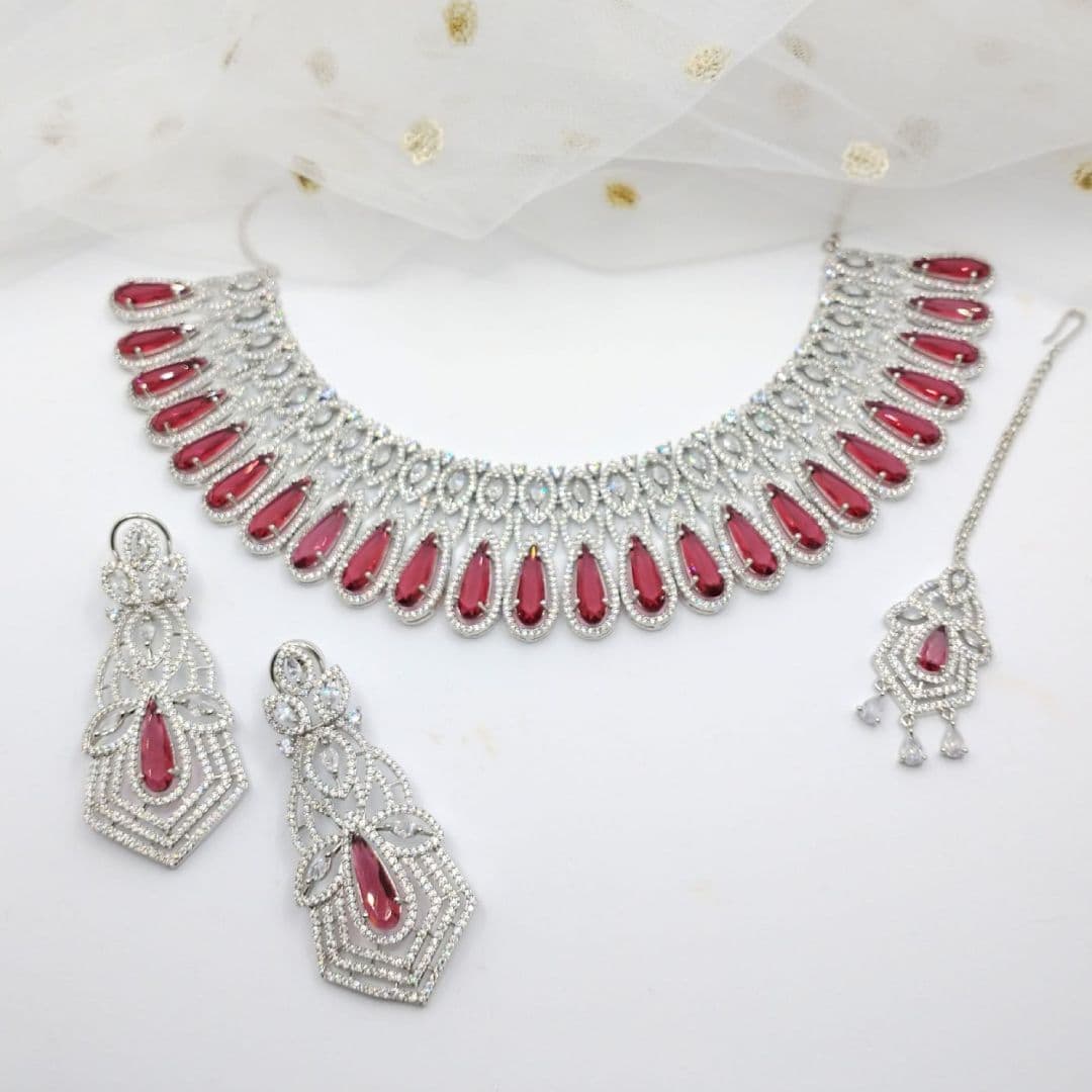 American Diamond 3 Piece Silver & Red Bridal Necklace Jewellery Set