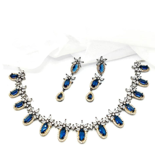 American Diamond Blue & Silver Mini Necklace Earrings Jewellery Set