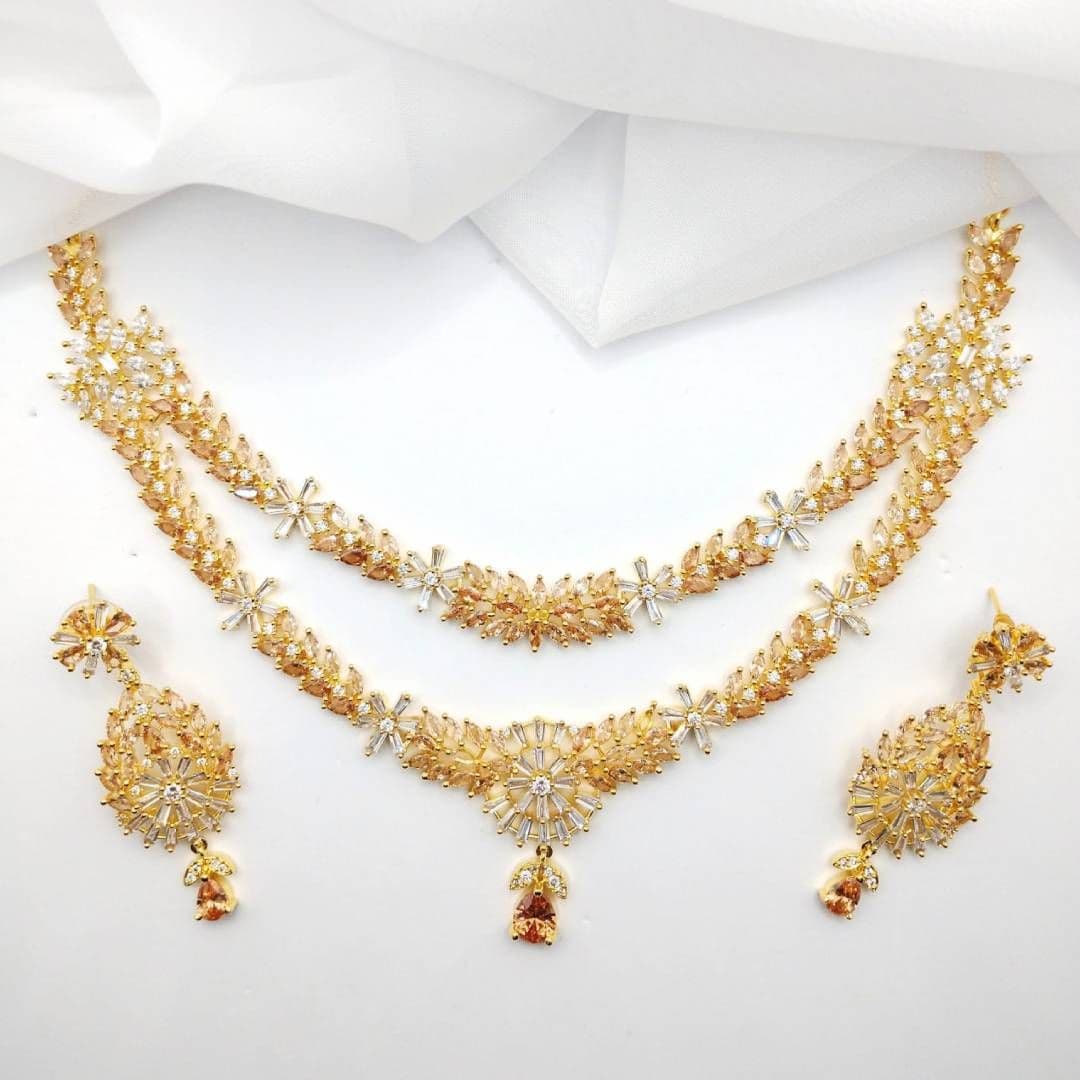 American Diamond Gold & Peach Necklace Jewellery Set