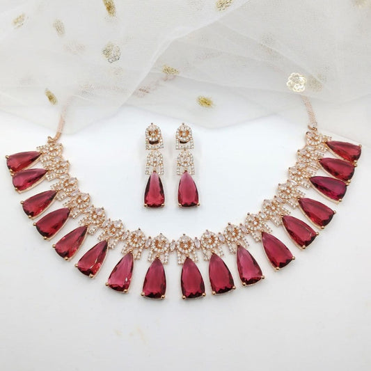 American Diamond Rose Gold & Red Necklace, Earrings Jewellery Set