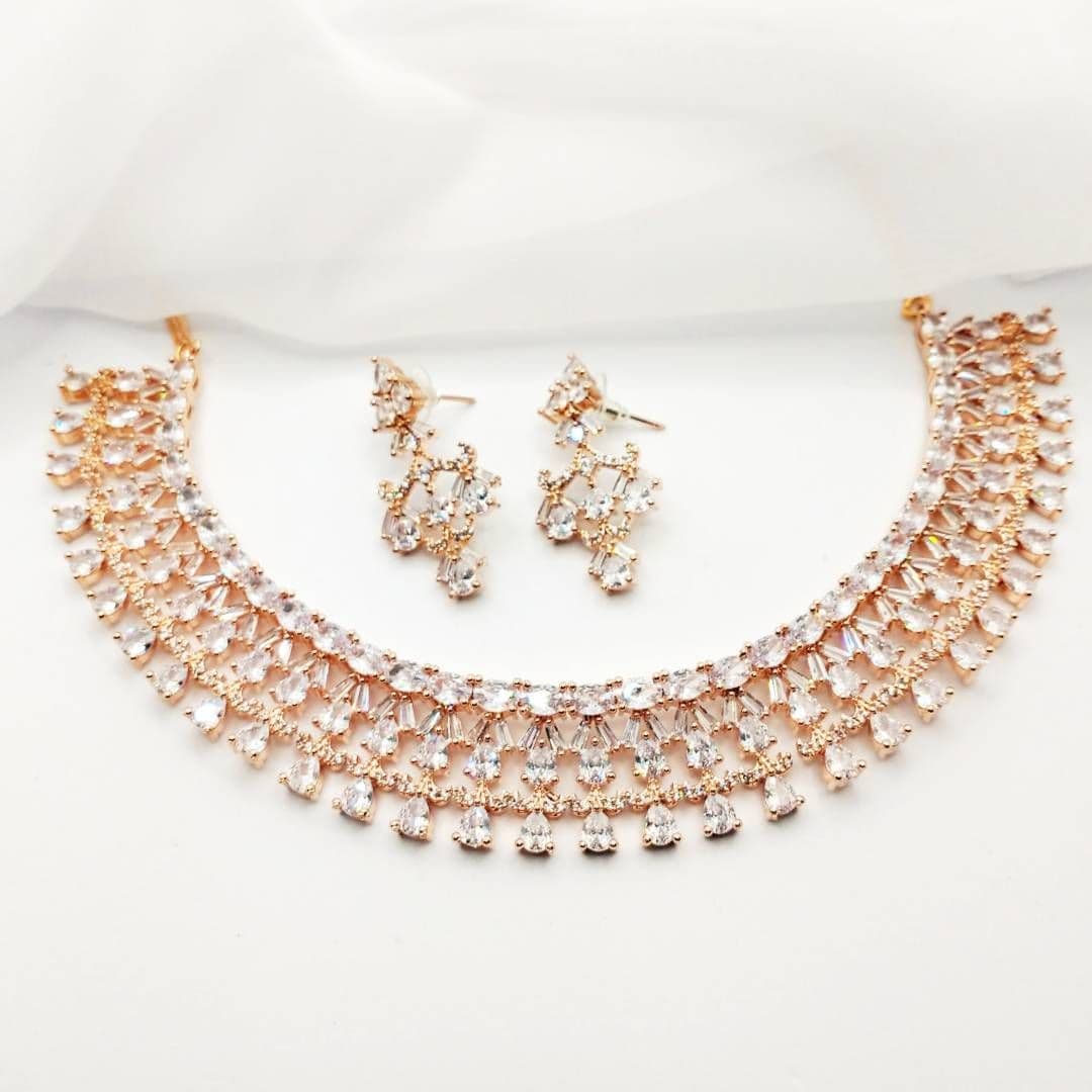 American Diamond Rose Gold & Silver Necklace Jewellery Set