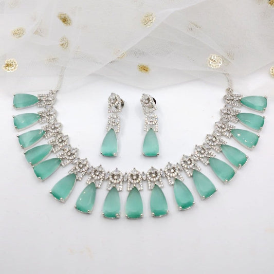 American Diamond Silver & Mint Green Necklace Earrings Jewellery Set