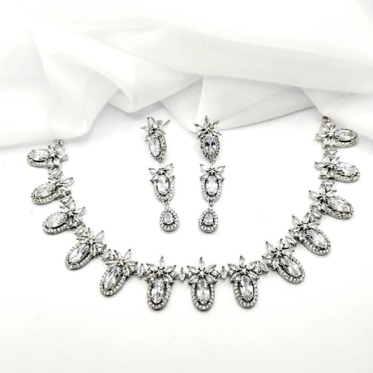 American Diamond Silver Necklace & Earrings Jewellery Set