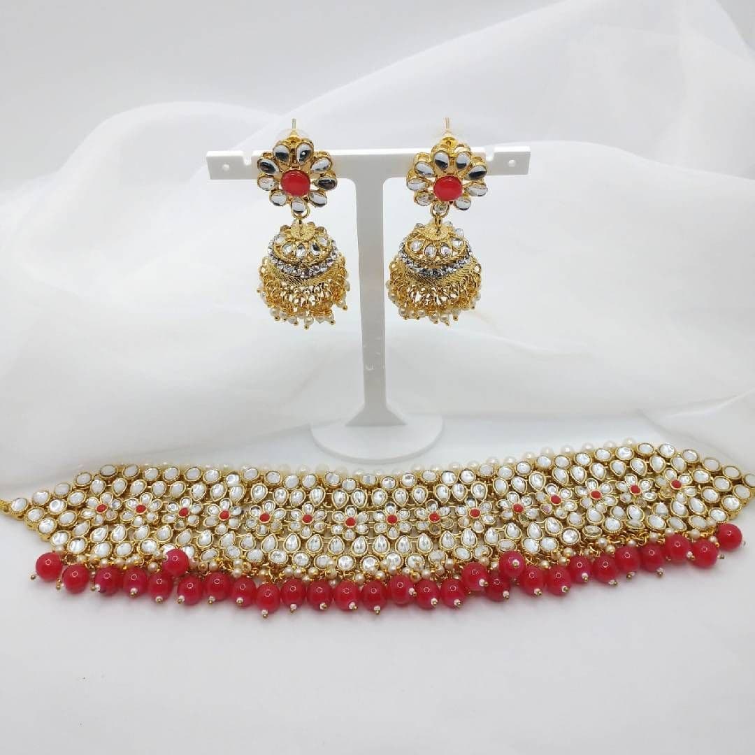 Asian Bridal 2 Piece Gold & Red Kundan Choker Necklace Jewellery Set