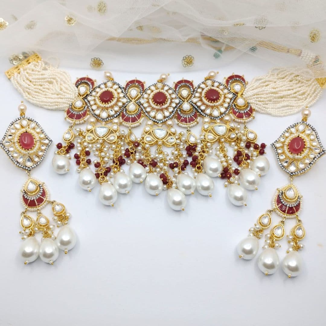 Asian Bridal 2 Piece Gold, Red & White kundan Choker Necklace Jewellery Set