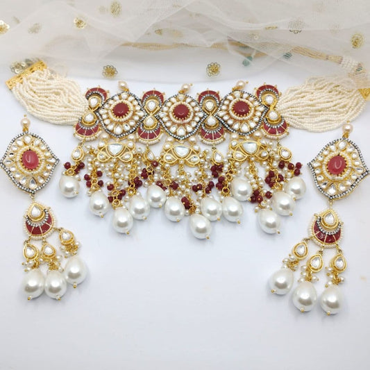 Asian Bridal 2 Piece Gold, Red & White kundan Choker Necklace Jewellery Set