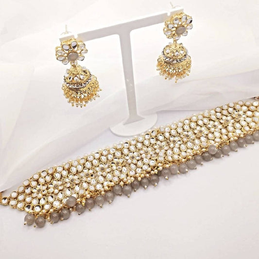 Asian Bridal 2 Piece Grey & Gold Kundan Choker Necklace Jewellery Set