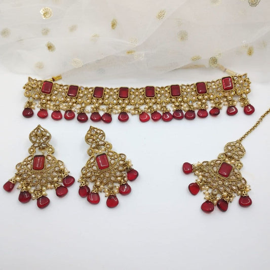 Asian Bridal 3 Piece Antique Gold & Maroon Kundan Choker Necklace Jewellery Set