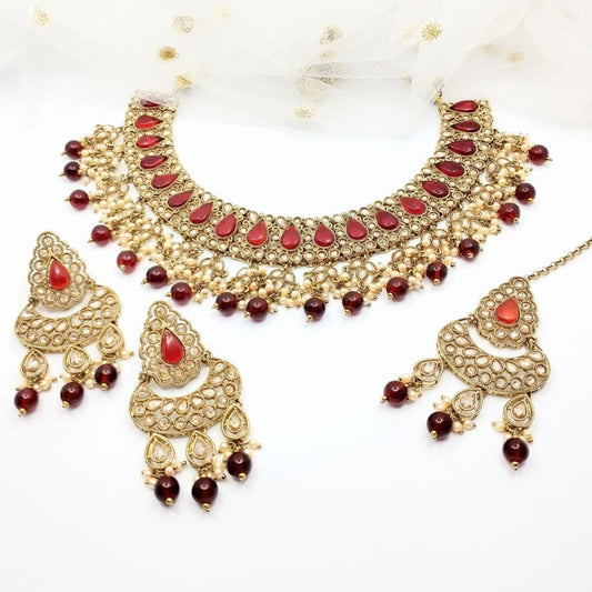 Asian Bridal 3 Piece Antique Gold & Maroon Kundan Necklace Jewellery Set