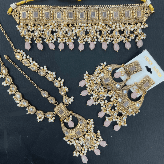 Asian Bridal 3 Piece Baby Pink Kundan Choker Necklace Jewellery Set