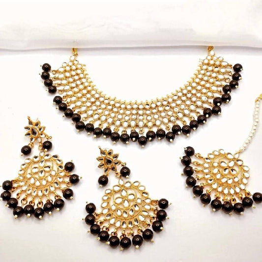 Asian Bridal 3 Piece Black & Gold Kundan Necklace Jewellery Set