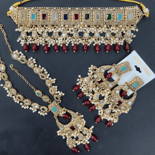 Asian Bridal 3 Piece Kundan Choker Necklace Jewellery Set