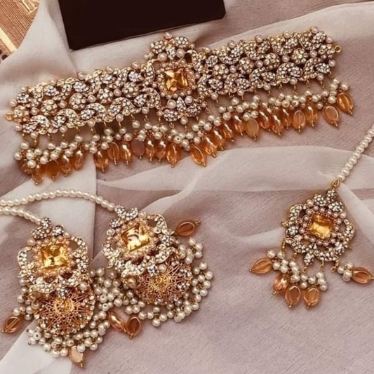 Asian Bridal 3 Piece Gold and Peach Kundan Choker Necklace Jewellery Set