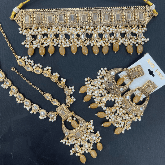 Asian Bridal 3 Piece Gold & Beige Kundan Choker Necklace Jewellery Set