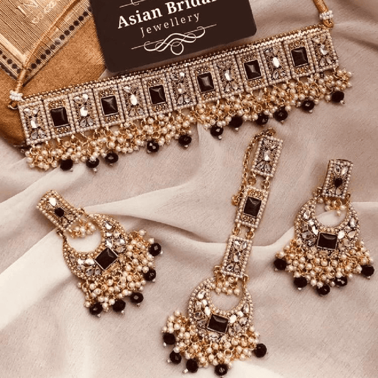 Asian Bridal 3 Piece Gold , Black Kundan Choker Necklace Jewellery Set