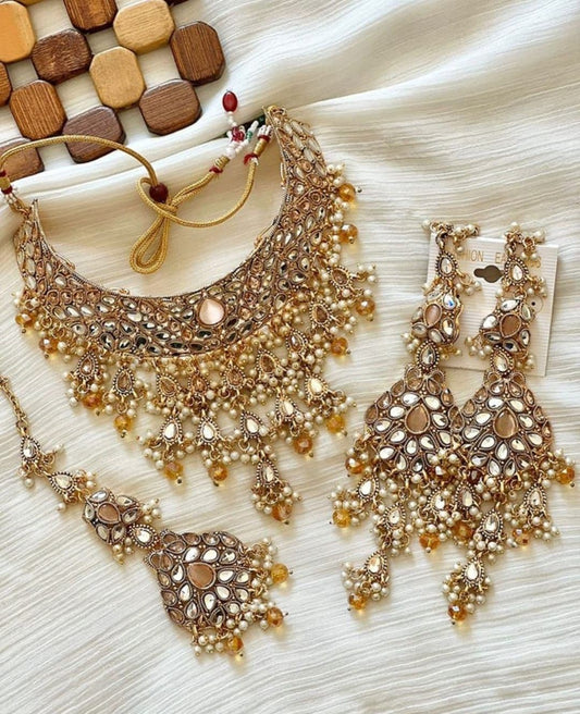 Asian Bridal 3 Piece Gold Kundan Choker Necklace Jewellery Set