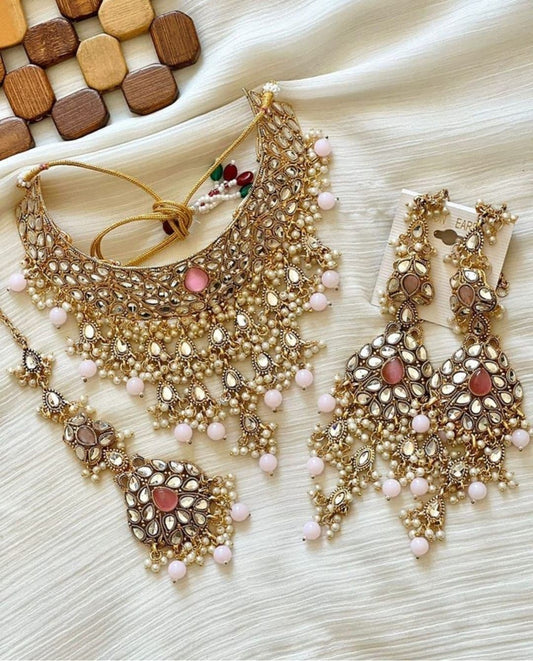 Asian Bridal 3 Piece Gold Choker Necklace Kundan Jewellery Set