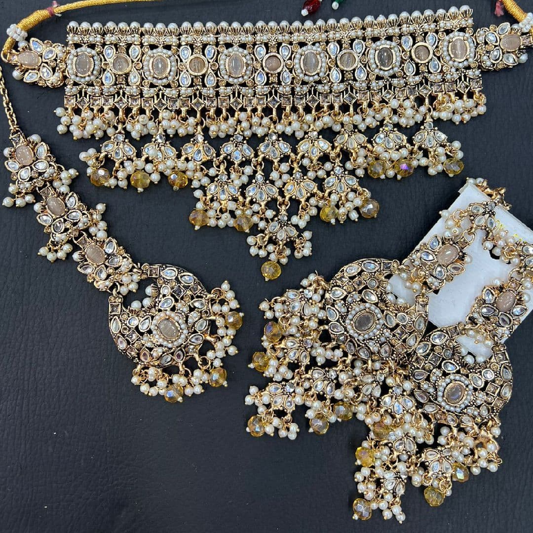 Asian Bridal 3 Piece Kundan Choker Necklace Jewellery Set