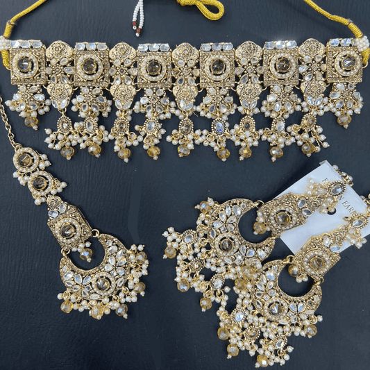 Asian Bridal 3 Piece Gold Kundan Choker Necklace Jewellery Set