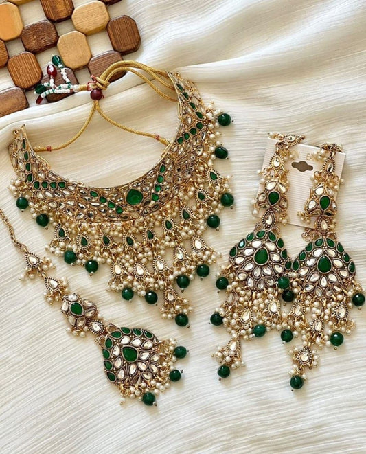 Asian Bridal 3 Piece Gold & Green Necklace Jewellery Set