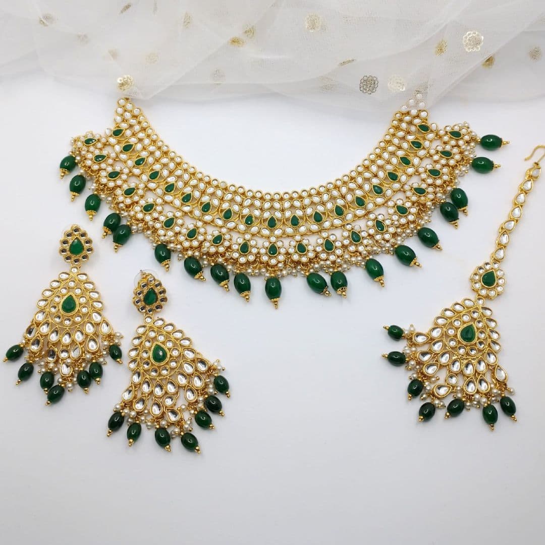 Asian Bridal 3 Piece Gold & Green Kundan Necklace Jewellery Set