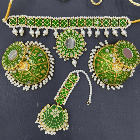 Asian Bridal 3 Piece Gold & Green Painted Meenakari Choker Necklace Jewellery Set