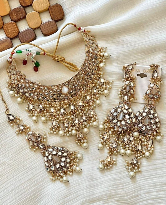 Asian Bridal 3 Piece Gold & Ivory Kundan Necklace Jewellery Set