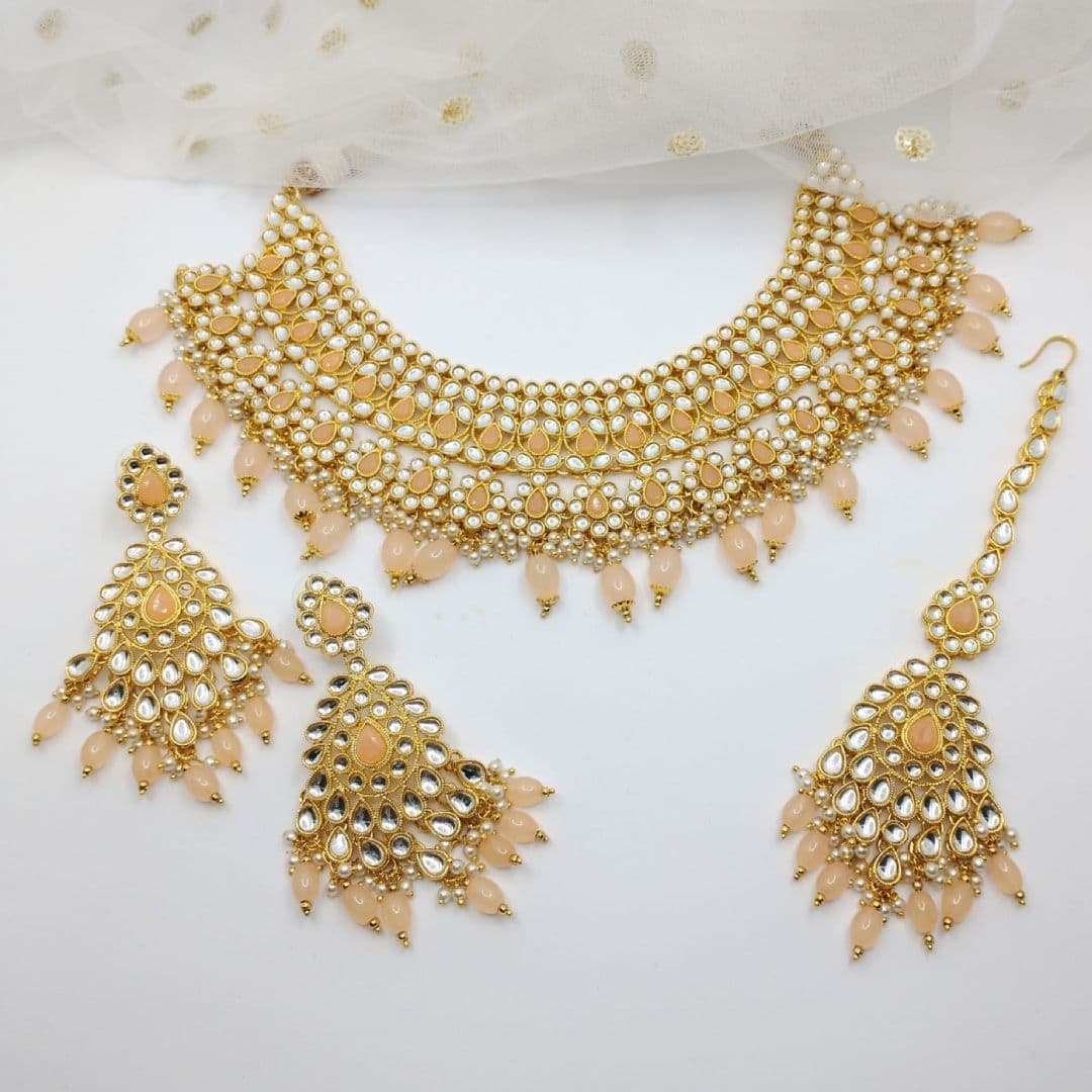 Asian Bridal 3 Piece Gold & Peach Kundan Necklace Jewellery Set