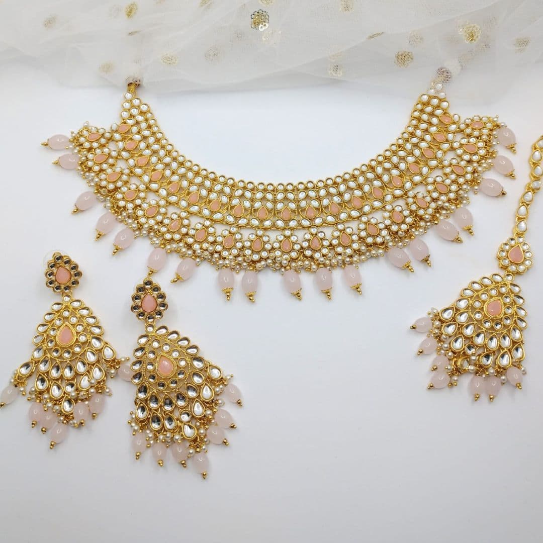 Asian Bridal 3 Piece Gold, Peach & Pink Kundan Necklace Jewellery Set