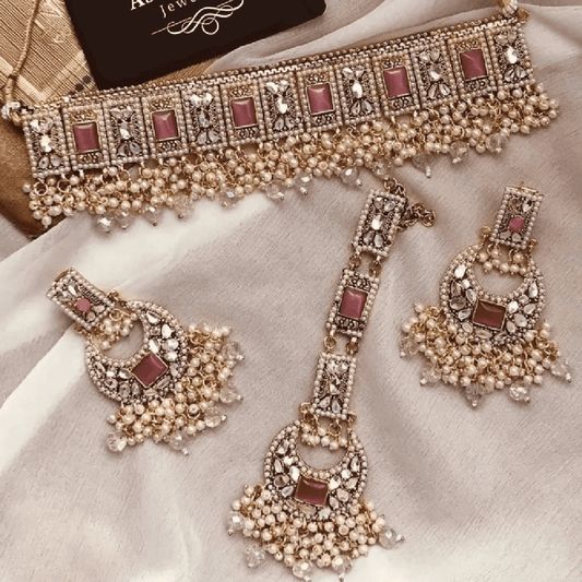 Asian Bridal 3 Piece Gold & Pink Kundan Choker Necklace Jewellery Set