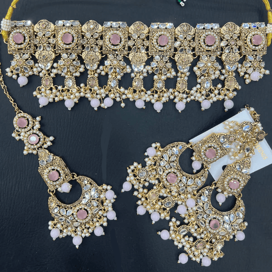 Asian Bridal 3 Piece Gold & Pink Kundan Choker Necklace Jewellery Set