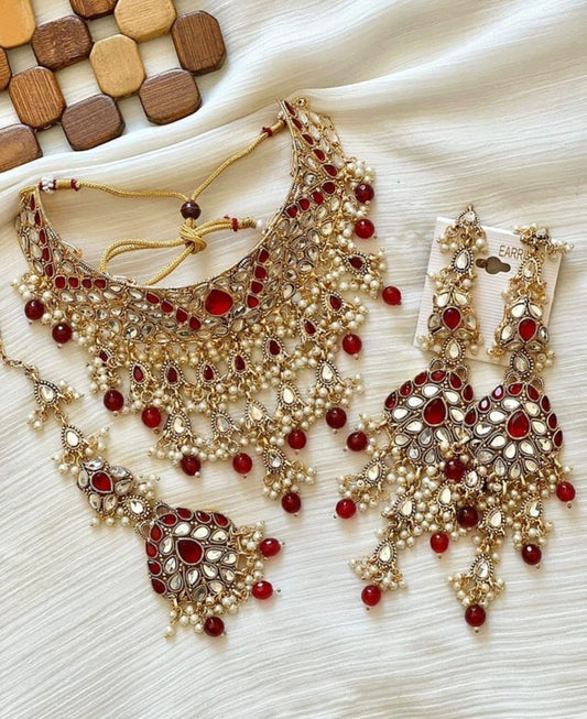 Asian Bridal 3 Piece Gold & Red Choker Necklace Jewellery Set