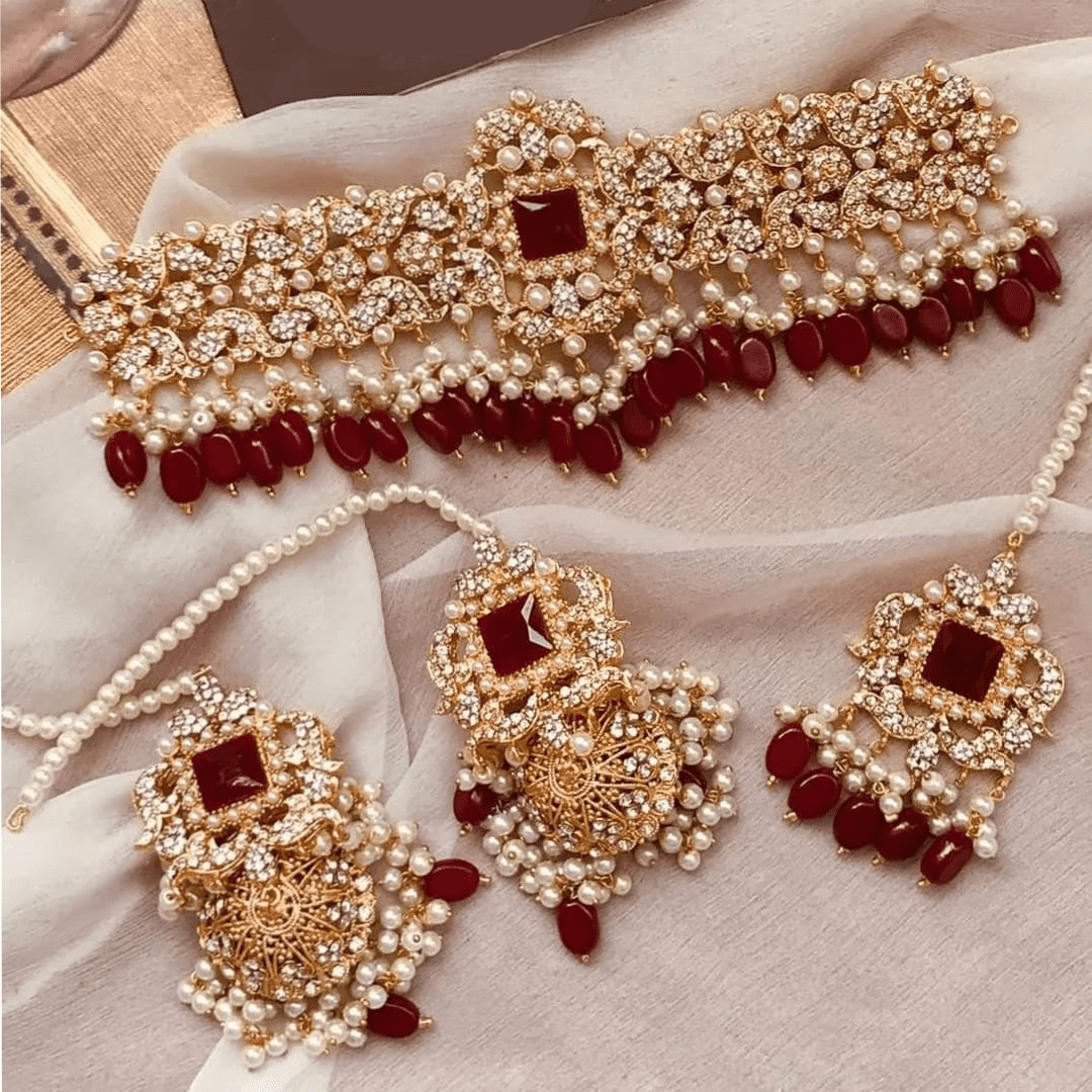 Asian Bridal 3 Piece Kundan Choker Necklace Jewellery Set