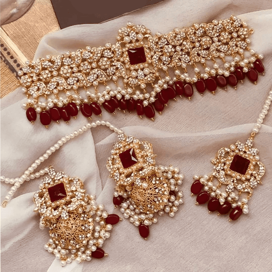 Asian Bridal 3 Piece Gold & Red Kundan Choker Necklace Jewellery Set