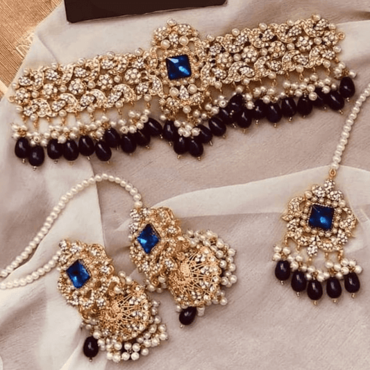 Asian Bridal 3 Piece Gold & Royal Blue Choker Necklace Kundan Jewellery Set