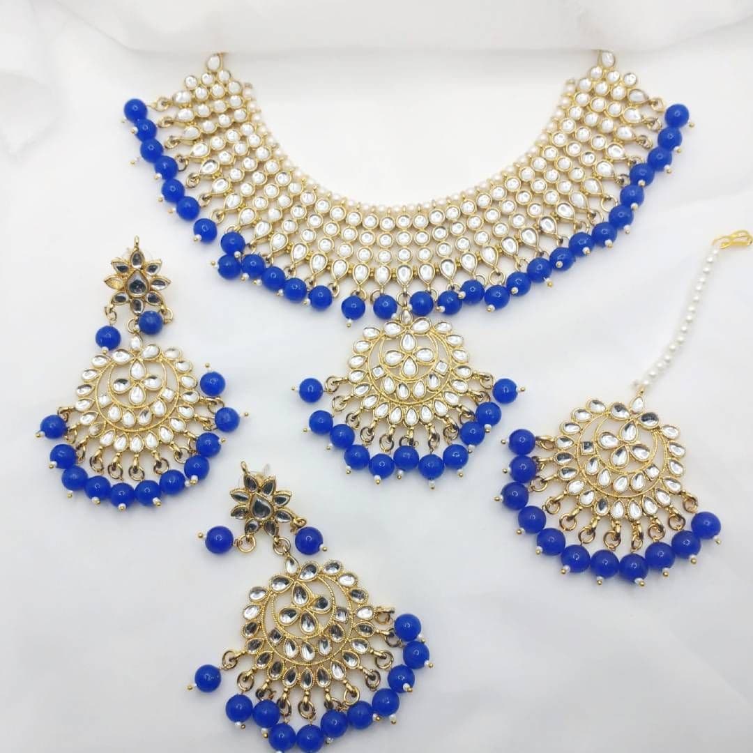 Asian Bridal 3 Piece Gold & Royal Blue Kundan Necklace Jewellery Set